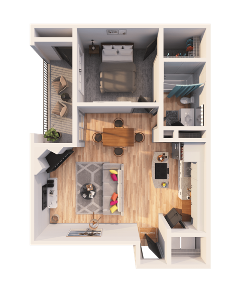 Floor plan for 1 bed, 1 bath, 865 sqft